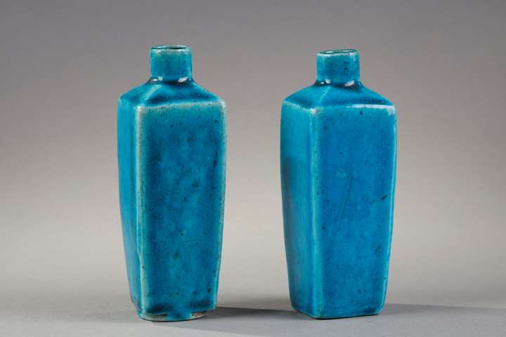 Two small vases in turquoise blue biscuit